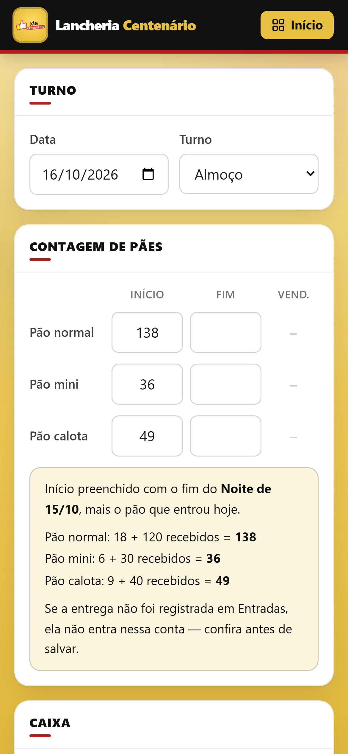 Tela de fechamento do turno com dados de demonstração.